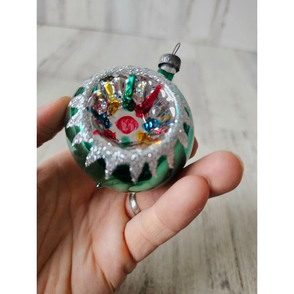 Vintage indent green silver glitter ball ornament reflector Xmas tree - Picture 8 of 9